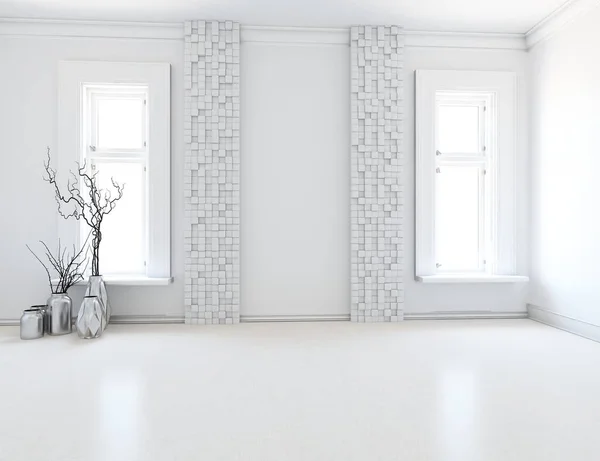 Fehér Minimalista Belső Tér Ablakokkal Otthoni Északi Belső Tér Illusztráció — Stock Fotó