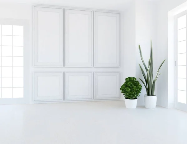 Empty minimalist room interior with decor on a wooden floor, frames on a large wall, white landscape in window. Home nordic interior. 3D illustration