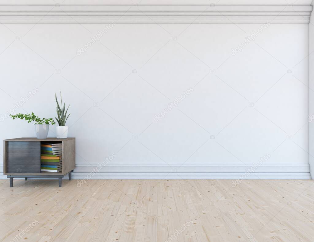 White minimalist room interior with furniture on a wooden floor. Home nordic interior. 3D illustration