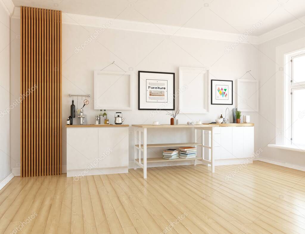 White minimalist room interior with furniture on a wooden floor, frames on a large wall, white landscape in window. Home nordic interior. 3D illustration