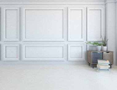 İçi boş minimalist bir oda, ahşap bir zeminde dekor, büyük bir duvarda çerçeveler, penceresinde beyaz bir manzara. İç kısımları kuzeyli. 3B illüstrasyon