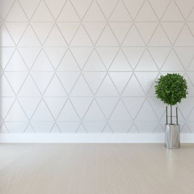 İçi boş minimalist bir oda, ahşap bir zeminde dekor, büyük bir duvarda çerçeveler, penceresinde beyaz bir manzara. İç kısımları kuzeyli. 3B illüstrasyon