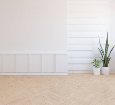 İçi boş minimalist bir oda, ahşap bir zeminde dekor, büyük bir duvarda çerçeveler, penceresinde beyaz bir manzara. İç kısımları kuzeyli. 3B illüstrasyon