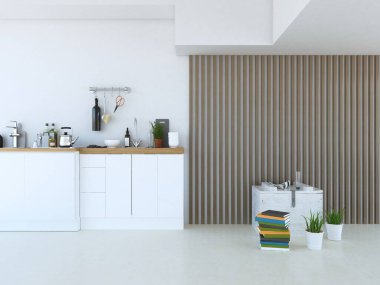 Beyaz minimalist oda içinde ahşap bir zeminde kanepe, büyük bir duvarda dekor, penceresinde beyaz manzara. İç kısımları kuzeyli. 3B illüstrasyon