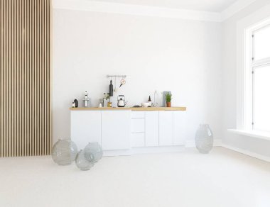 Beyaz minimalist oda içinde ahşap bir zeminde kanepe, büyük bir duvarda dekor, penceresinde beyaz manzara. İç kısımları kuzeyli. 3B illüstrasyon