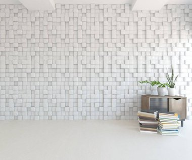 İçi boş minimalist bir oda, ahşap bir zeminde dekor, büyük bir duvarda çerçeveler, penceresinde beyaz bir manzara. İç kısımları kuzeyli. 3B illüstrasyon