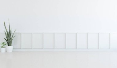 İçi boş minimalist bir oda, ahşap bir zeminde dekor, büyük bir duvarda çerçeveler, penceresinde beyaz bir manzara. İç kısımları kuzeyli. 3B illüstrasyon