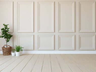 İçi boş minimalist bir oda, ahşap bir zeminde dekor, büyük bir duvarda çerçeveler, penceresinde beyaz bir manzara. İç kısımları kuzeyli. 3B illüstrasyon