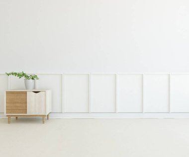 İçi boş minimalist bir oda, ahşap bir zeminde dekor, büyük bir duvarda çerçeveler, penceresinde beyaz bir manzara. İç kısımları kuzeyli. 3B illüstrasyon