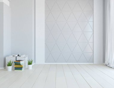 İçi boş minimalist bir oda, ahşap bir zeminde dekor, büyük bir duvarda çerçeveler, penceresinde beyaz bir manzara. İç kısımları kuzeyli. 3B illüstrasyon