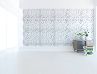 İçi boş minimalist bir oda, ahşap bir zeminde dekor, büyük bir duvarda çerçeveler, penceresinde beyaz bir manzara. İç kısımları kuzeyli. 3B illüstrasyon