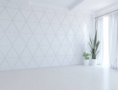 İçi boş minimalist bir oda, ahşap bir zeminde dekor, büyük bir duvarda çerçeveler, penceresinde beyaz bir manzara. İç kısımları kuzeyli. 3B illüstrasyon