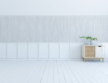 İçi boş minimalist bir oda, ahşap bir zeminde dekor, büyük bir duvarda çerçeveler, penceresinde beyaz bir manzara. İç kısımları kuzeyli. 3B illüstrasyon