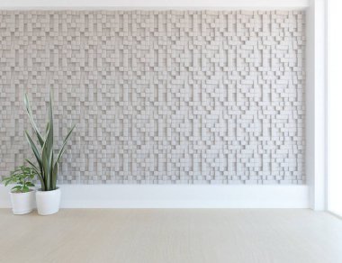 İçi boş minimalist bir oda, ahşap bir zeminde dekor, büyük bir duvarda çerçeveler, penceresinde beyaz bir manzara. İç kısımları kuzeyli. 3B illüstrasyon