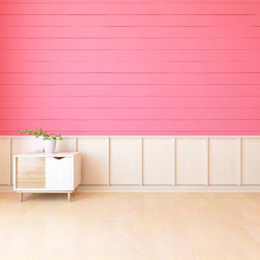 İçi boş minimalist bir oda, ahşap bir zeminde dekor, büyük bir duvarda çerçeveler, penceresinde beyaz bir manzara. İç kısımları kuzeyli. 3B illüstrasyon