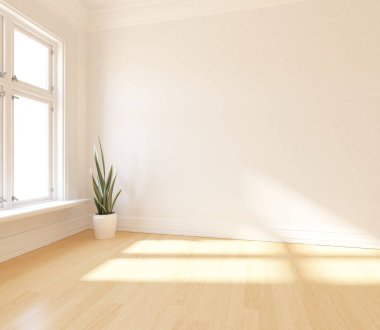 İçi boş minimalist bir oda, ahşap bir zeminde dekor, büyük bir duvarda çerçeveler, penceresinde beyaz bir manzara. İç kısımları kuzeyli. 3B illüstrasyon