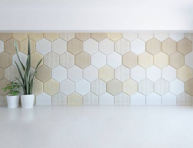 İçi boş minimalist bir oda, ahşap bir zeminde dekor, büyük bir duvarda çerçeveler, penceresinde beyaz bir manzara. İç kısımları kuzeyli. 3B illüstrasyon