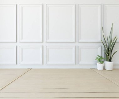 İçi boş minimalist bir oda, ahşap bir zeminde dekor, büyük bir duvarda çerçeveler, penceresinde beyaz bir manzara. İç kısımları kuzeyli. 3B illüstrasyon