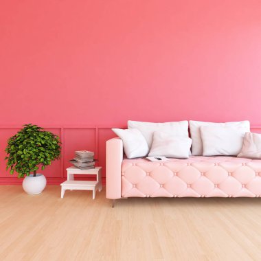 Beyaz minimalist oda içinde ahşap bir zeminde kanepe, büyük bir duvarda dekor, penceresinde beyaz manzara. İç kısımları kuzeyli. 3B illüstrasyon