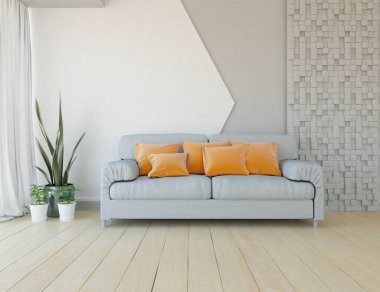 Beyaz minimalist oda içinde ahşap bir zeminde kanepe, büyük bir duvarda dekor, penceresinde beyaz manzara. İç kısımları kuzeyli. 3B illüstrasyon