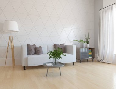 Beyaz minimalist oda içinde ahşap bir zeminde kanepe, büyük bir duvarda dekor, penceresinde beyaz manzara. İç kısımları kuzeyli. 3B illüstrasyon