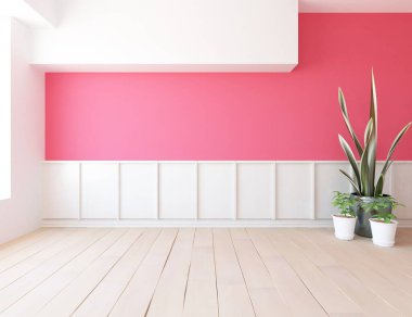 İçi boş minimalist bir oda, ahşap bir zeminde dekor, büyük bir duvarda çerçeveler, penceresinde beyaz bir manzara. İç kısımları kuzeyli. 3B illüstrasyon