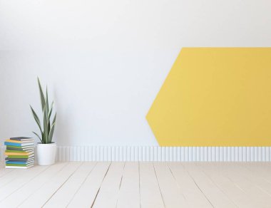 İçi boş minimalist bir oda, ahşap bir zeminde dekor, büyük bir duvarda çerçeveler, penceresinde beyaz bir manzara. İç kısımları kuzeyli. 3B illüstrasyon