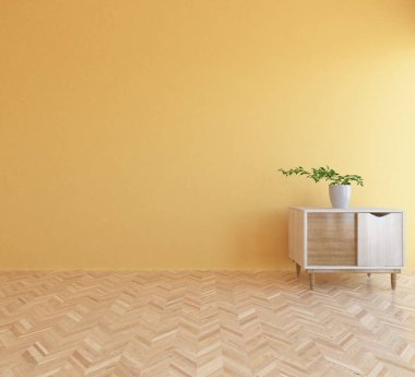 İçi boş minimalist bir oda, ahşap bir zeminde dekor, büyük bir duvarda çerçeveler, penceresinde beyaz bir manzara. İç kısımları kuzeyli. 3B illüstrasyon