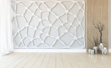 İçi boş minimalist bir oda, ahşap bir zeminde dekor, büyük bir duvarda çerçeveler, penceresinde beyaz bir manzara. İç kısımları kuzeyli. 3B illüstrasyon