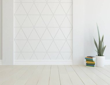 İçi boş minimalist bir oda, ahşap bir zeminde dekor, büyük bir duvarda çerçeveler, penceresinde beyaz bir manzara. İç kısımları kuzeyli. 3B illüstrasyon