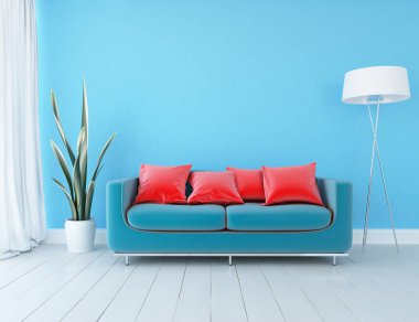 Beyaz minimalist oda içinde ahşap bir zeminde kanepe, büyük bir duvarda dekor, penceresinde beyaz manzara. İç kısımları kuzeyli. 3B illüstrasyon