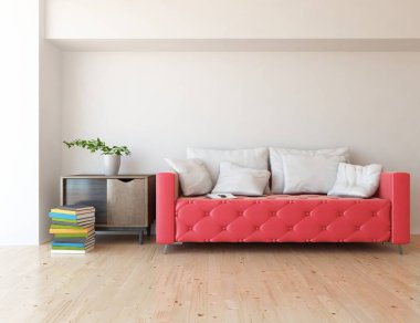 Beyaz minimalist oda içinde ahşap bir zeminde kanepe, büyük bir duvarda dekor, penceresinde beyaz manzara. İç kısımları kuzeyli. 3B illüstrasyon