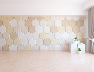 İçi boş minimalist bir oda, ahşap bir zeminde dekor, büyük bir duvarda çerçeveler, penceresinde beyaz bir manzara. İç kısımları kuzeyli. 3B illüstrasyon