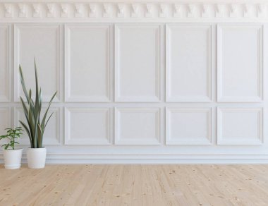 İçi boş minimalist bir oda, ahşap bir zeminde dekor, büyük bir duvarda çerçeveler, penceresinde beyaz bir manzara. İç kısımları kuzeyli. 3B illüstrasyon