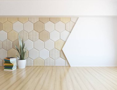 İçi boş minimalist bir oda, ahşap bir zeminde dekor, büyük bir duvarda çerçeveler, penceresinde beyaz bir manzara. İç kısımları kuzeyli. 3B illüstrasyon