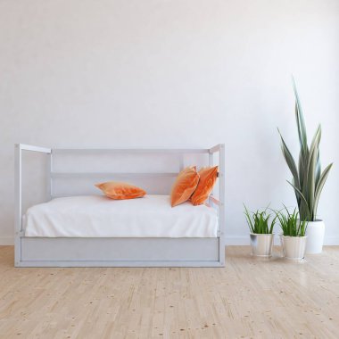 Beyaz minimalist oda içinde ahşap bir zeminde kanepe, büyük bir duvarda dekor, penceresinde beyaz manzara. İç kısımları kuzeyli. 3B illüstrasyon