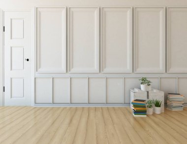 İçi boş minimalist bir oda, ahşap bir zeminde dekor, büyük bir duvarda çerçeveler, penceresinde beyaz bir manzara. İç kısımları kuzeyli. 3B illüstrasyon