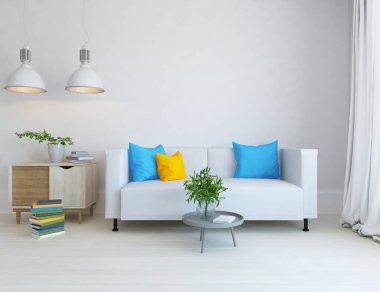 Beyaz minimalist oda içinde ahşap bir zeminde kanepe, büyük bir duvarda dekor, penceresinde beyaz manzara. İç kısımları kuzeyli. 3B illüstrasyon