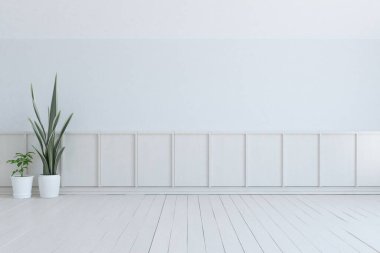 İçi boş minimalist bir oda, ahşap bir zeminde dekor, büyük bir duvarda çerçeveler, penceresinde beyaz bir manzara. İç kısımları kuzeyli. 3B illüstrasyon