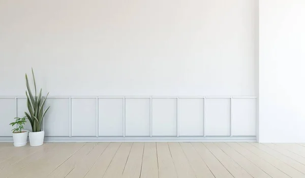 木製の床に装飾が施された空のミニマリストルームのインテリア 大きな壁のフレーム 窓の白い風景 家の北欧インテリア 3Dイラスト — ストック写真