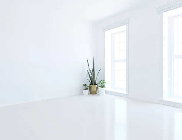 Empty minimalist room interior with decor on a wooden floor, frames on a large wall, white landscape in window. Home nordic interior. 3D illustration