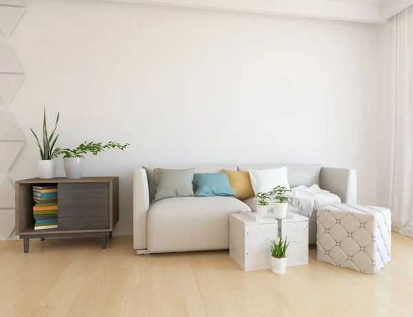 Habitación Minimalista Blanca Interior Con Sofá Suelo Madera Decoración Una —  Fotos de Stock