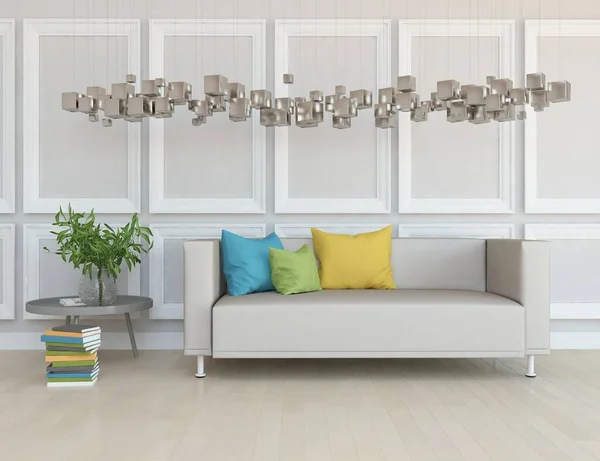Weiße Minimalistische Zimmereinrichtung Mit Sofa Auf Holzboden Dekor Einer Großen — Stockfoto