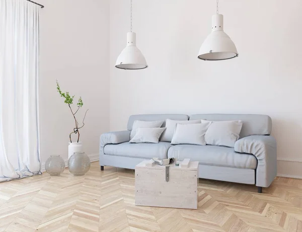 Weiße Minimalistische Zimmereinrichtung Mit Sofa Auf Holzboden Dekor Einer Großen — Stockfoto