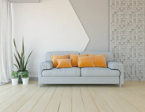 Interior Ruangan Minimalis Putih Dengan Sofa Lantai Kayu Dekorasi Dinding — Stok Foto