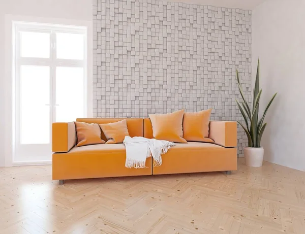 Habitación Minimalista Blanca Interior Con Sofá Suelo Madera Decoración Una — Foto de Stock
