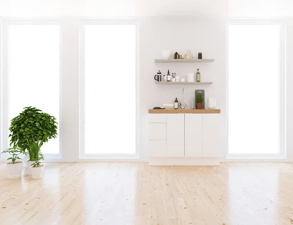 Habitación Minimalista Blanca Interior Con Sofá Suelo Madera Decoración Una — Foto de Stock