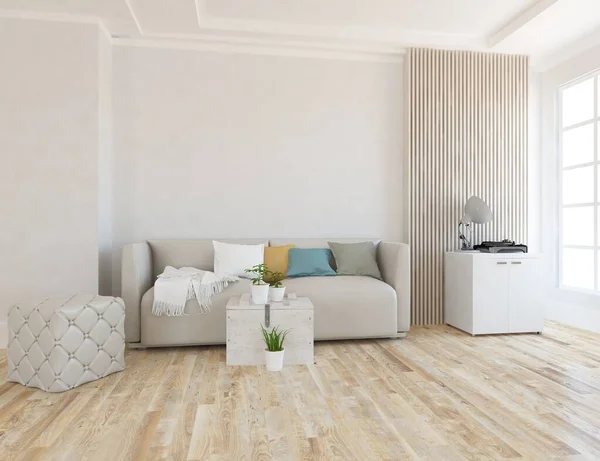 Habitación Minimalista Blanca Interior Con Sofá Suelo Madera Decoración Una — Foto de Stock