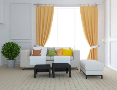 Beyaz minimalist oda, ahşap zeminde mobilyalar, büyük bir duvarda çerçeveler, penceresinde beyaz manzara. İç kısımları kuzeyli. 3B illüstrasyon