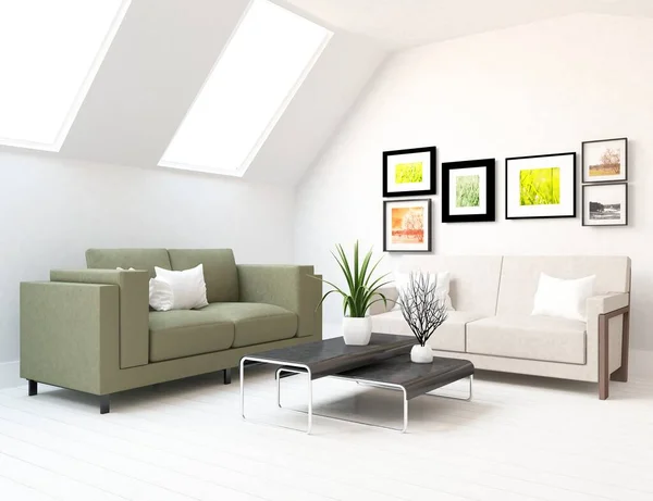 White Minimalist Room Interior Furniture Wooden Floor Frames Large Wall — Stock Photo, Image